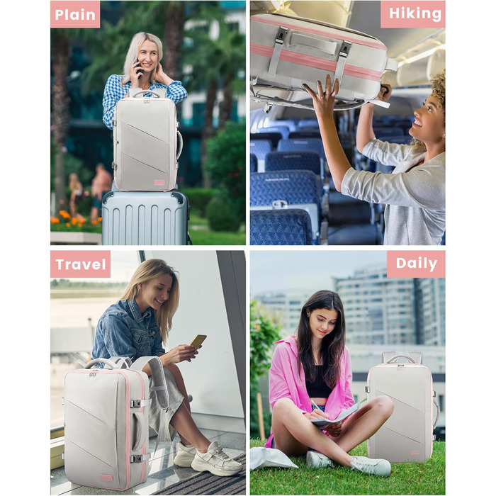 Рюкзак LOVEVOOK 30-40L для ручної поклажі, розширюваний, для ноутбука 17 дюймів, антикрадійний, чорний (17,3 дюйми, рожево-сірий)