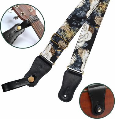 Японський гітарний ремінь Nefelibata з бавовни для акустичної гітари, укулеле, адаптер для голівки грифа в подарунок, медіатор та замок для ремінця. Регулювання від 38' до 64'. Дизайн: Хризантеми