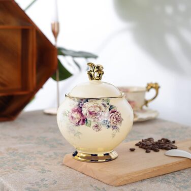 Fanquare White Porcelain Sugar Bowl with Lid, English Royal Family Sugar Pot, Rose Ceramic Sugar Bowl for Coffee Service Set