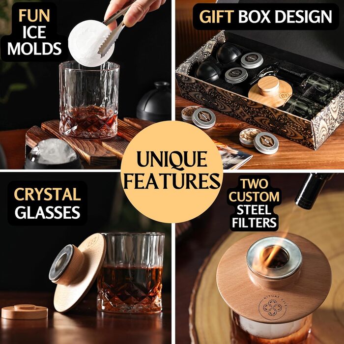 Whiskey Smoker Kit - Cocktail Smoker Kit with Torch, 2 Whiskey Glasses, 2 Ice Ball Makers, 6 Flavors of Wood Chips - Old Fashioned Smoker Bourbon Drink Smoking Set - Bourbon Gifts for