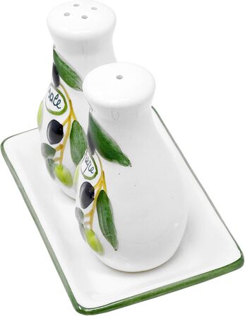 Handmade salt and pepper shaker set from Italian ceramic, 3-piece in olive green design with tray, size 14x8 cm