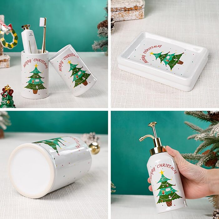 4-Piece Ceramic Bathroom Set, Artistic Line Face Bathroom Accessories Set with Soap Dispenser, Toothbrush Holder, Cup, Soap Dish, Abstract Bathroom Set for Decor, Cream (Christmas Tree)