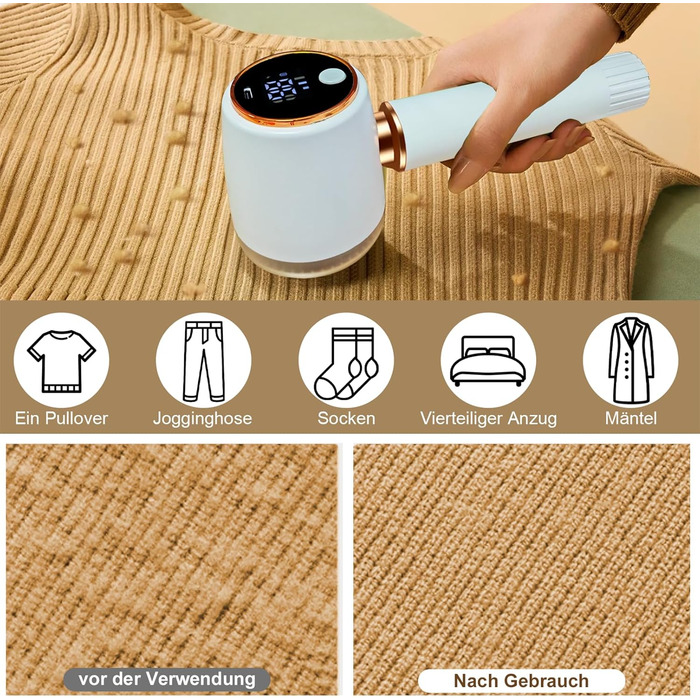 Електричний видальник ворсу 2-в-1 з роликом, 6 лез, 3 швидкості, LED-дисплей, для різних тканин