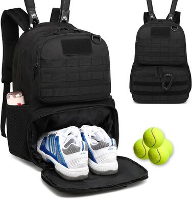 BlesMaller Tactical Tennis Backpack - Unisex with Shoe Compartment & Racket Protection - Black Sports Bag