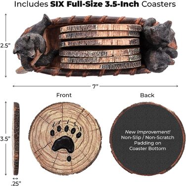 Bear Coasters Set of 6 Rustic Full Size Coasters in Handmade Canoe with Adorable Black Bear Figurines