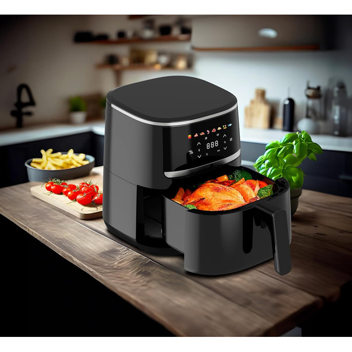 Аерофритюрниця aeco Compact 4,3 л з цифровим дисплеєм, 1500 Вт, 8 програм, регулювання температури 80–200°C, компактна, з книжкою рецептів
