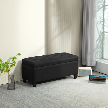 HOMCOM Bench with Cushion, Storage Chest Bench, Entryway, Bedroom, Living Room, Linen-like Polyester, Rubberwood, Black, 100 x 40 x 44 cm | Aosom