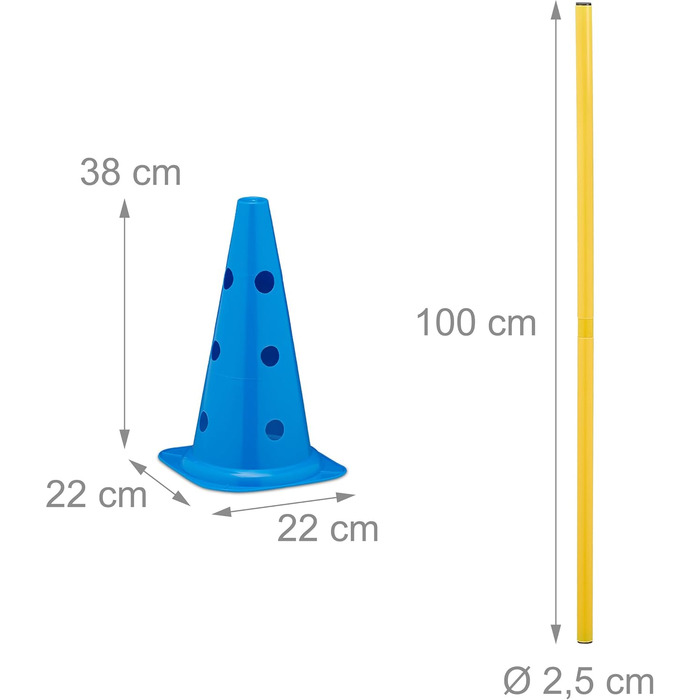 Набір перешкод Relaxdays для собак: 12 пілонів та 6 стійок, для аджиліті та футбольного тренування, блакитно-жовтий