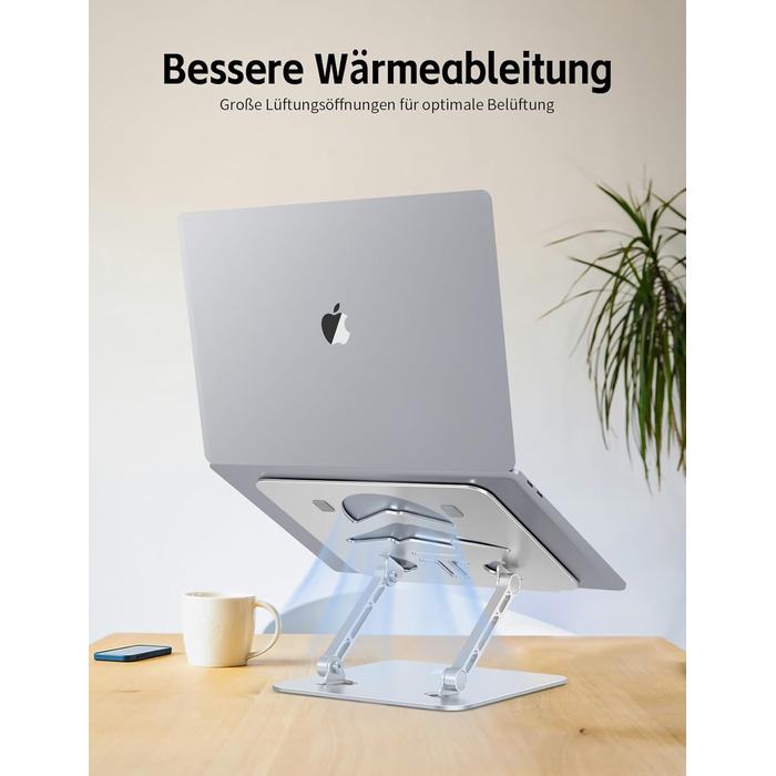 Підставка для ноутбука Ergonomic з алюмінію, регульована по висоті та складна, стабільна та з неслизьким покриттям, покращена вентиляція, сумісна з MacBook (до 15,6 дюймів), срібна