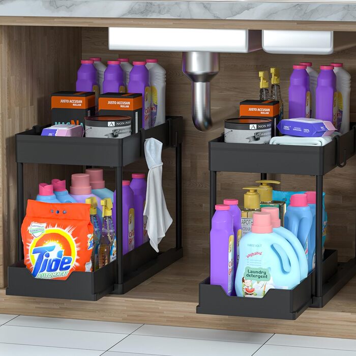 DEKAVA Kitchen Organizer, 2 Under Sink Shelf, Closet Kitchen Organizer with 4 Hooks, Closet Basket for Kitchen, Bathroom, Cleaning Supplies, Detergent (Black)