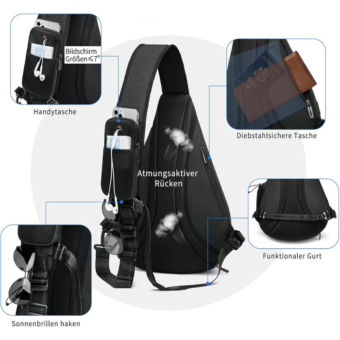Сумка через плече TUDEQU для чоловіків, велика, 8 кишень, 19L, чорна
