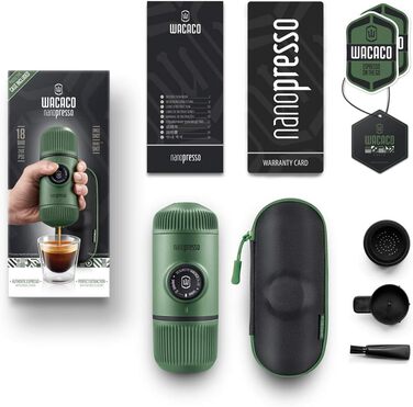 WACACO Nanopresso Portable Espresso Machine, with Nanopresso S Case, Upgrade Version of Minipresso, Travel Coffee Machine, Manually Operated (New Items Moss Green)