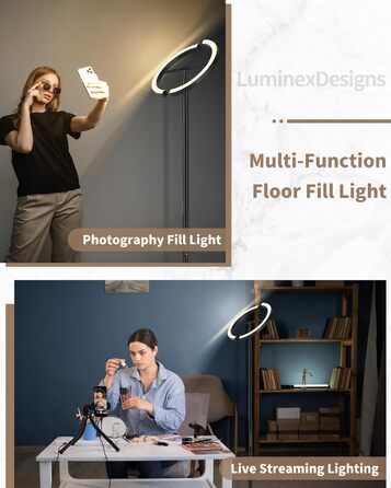 Підлогова лампа LuminexDesigns з регулюванням яскравості, 36W+7W LED, 3200LM+600LM, 2700K-6500K, чорна. Сучасна підлогова лампа для вітальні з пульт дистанційного керування