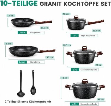 Набір гранітних каструль та сковорідок для індукційних плит (10 предметів), антипригарне покриття без PFAS та PFOA, зі скляними кришками, чорний