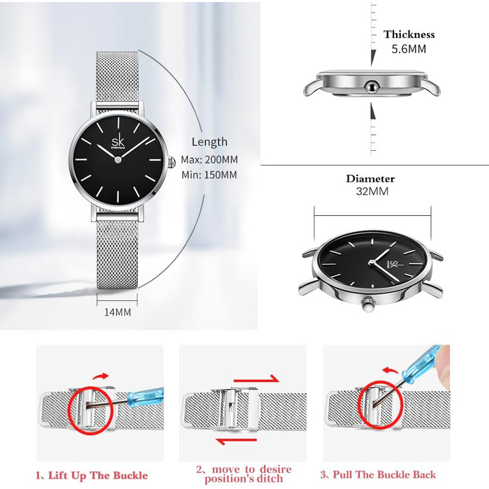 SK Ультратонкі мініатюрні жіночі годинники з двома стрілками. Елегантні годинники для жінок з шкіряним ремінцем (срібляста сітка)