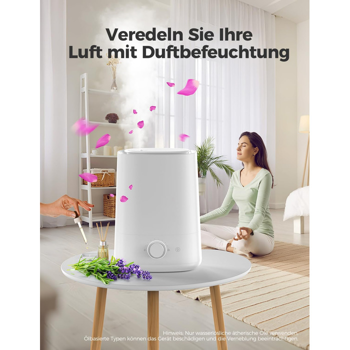Зволожувач повітря AROEVE 5L з верхнім заповненням, ультразвуковий, холодний туман, для спальні з дифузором ефірних олій, 360° поворотний носик, 28dB нічне підсвічування, 50 годин роботи, для дитячої кімнати, рослин