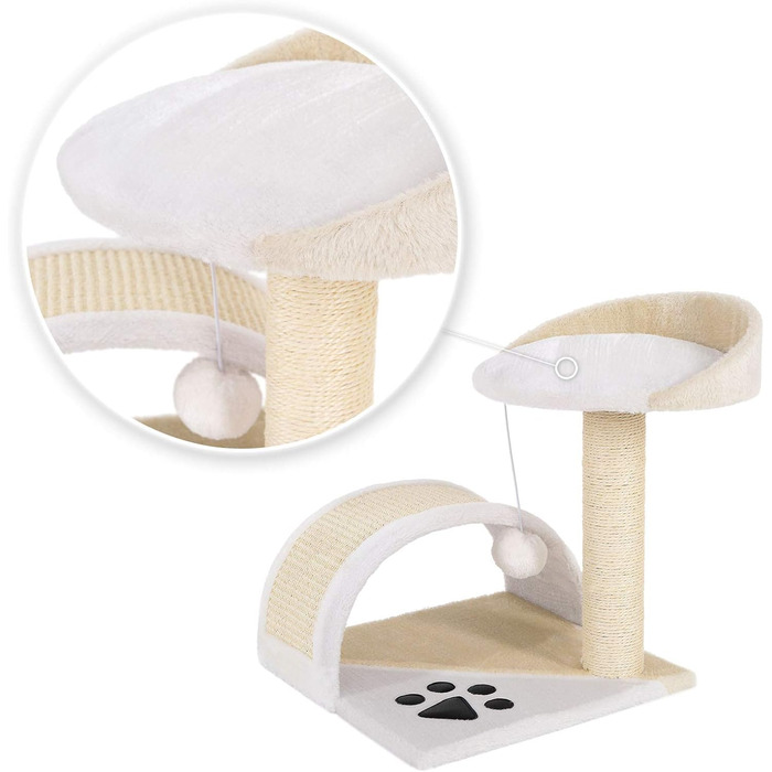 Kratzbaum, small with plush ball & scratching arch, height 43 cm, cozy lying area made of soft plush, stable with sisal rope for claw care, suitable for small & large cats, beige/white