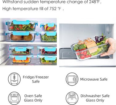 Набір з 10 скляних контейнерів для зберігання продуктів, з кришкою, BPA-Free, підходить для мікрохвильової печі, морозильника та посудомийної машини (блакитний)