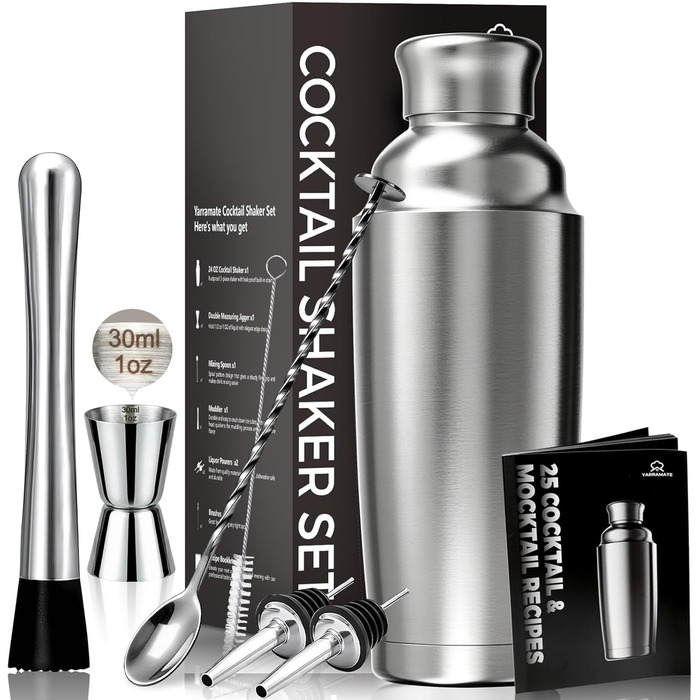 Набір шейкерів для коктейлів YARRAMATE 700 мл, 8 предметів з нержавіючої сталі, з вбудованим ситом, для дому та барів