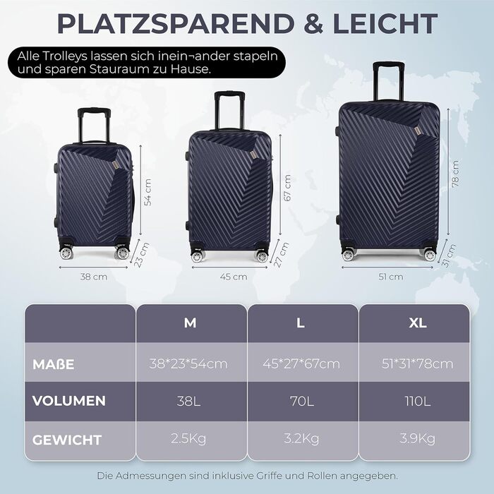 Набір валіз xRace 3-частинний ABS, 20/24/28 дюймів, ручна поклажа, TSA замок, 360° колеса, стійкий до ударів, з преміум підкладкою (Морська блакить)