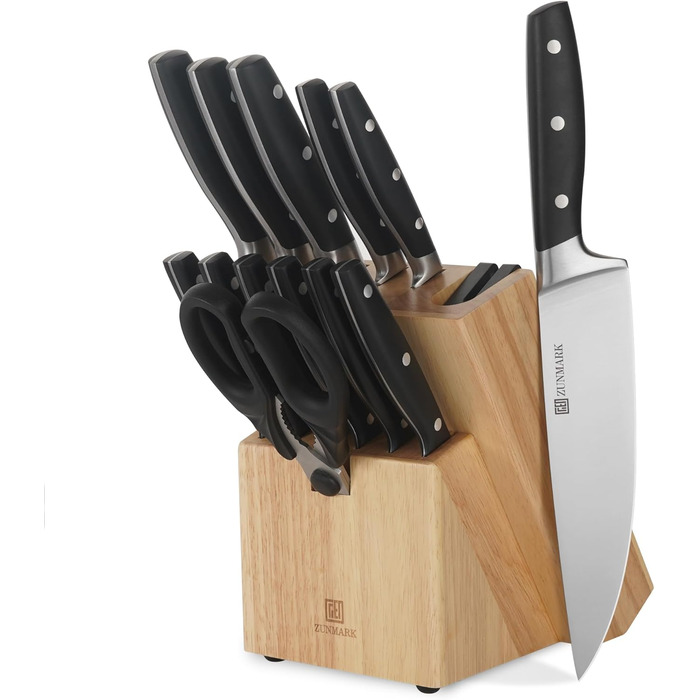 Набір ножів у блоці 13 предметів з нержавіючої сталі з ергономічними ручками, кухонний набір ножів, дерев'яний блок з шкіряним ремінцем