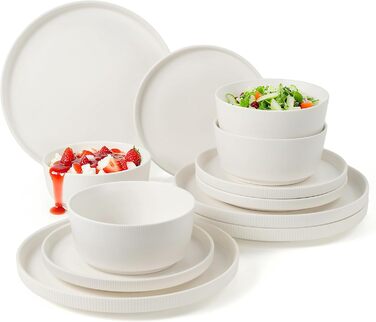 Набір посуду Jiwoo для 4 осіб (12 предметів): тарілки, супові миски, десертні тарілки - Bone China, сучасний дизайн, безпечно мити в посудомийній машині та використовувати в мікрохвильовці