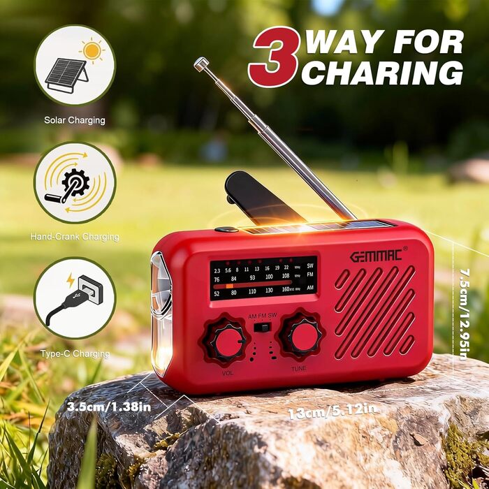 Радіоприймач Kurbelradio з навушниками, AM/FM/SW, сонячне аварійне радіо, 2000mAh Power Bank, радіо на батарейках, будівельне радіо з всесвітнім приймачем, ліхтарик SOS для аварійного обладнання 297-Red