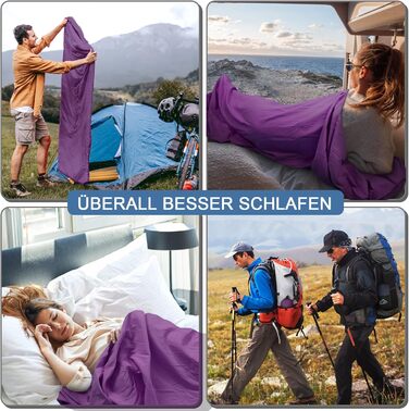 Спальний мішок туристичний 2в1 з мікрофібри, 220x95 см, для кемпінгу, хостелів та гірських притулків, зелений/фіолетовий