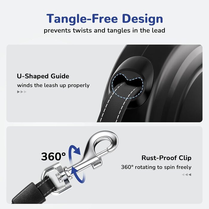 Рулетка для собак Pecute 10м, чорна, до 50 кг, антизаплутування, швидке гальмування