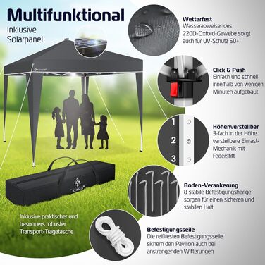 KESSER® Gazebo Folding Gazebo Lighting | Pop-Up Garden Gazebo Height Adjustable, Stable, Waterproof, Winterproof | Party Tent Event Tent UV Protection 50+ incl. Remote Control & Bag (3x3m with LED, Anthracit)