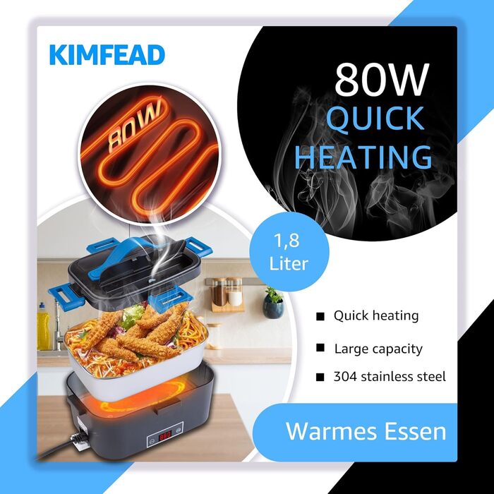 Електрична ланч-бокс Kimfead з індикатором температури, 1.8L, 80W, 12V/24V/230V, з сумкою та столовим прибором, для авто/вантажівки/офісу (синій індикатор температури)