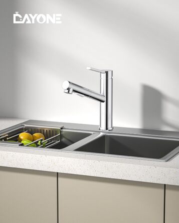 Змішувач кухонний DAYONE з висувною лійкою, нержавіюча сталь, 3 режими, 360° обертання, для кухонної мийки (15 см), матовий (хром, низький вигин-337)