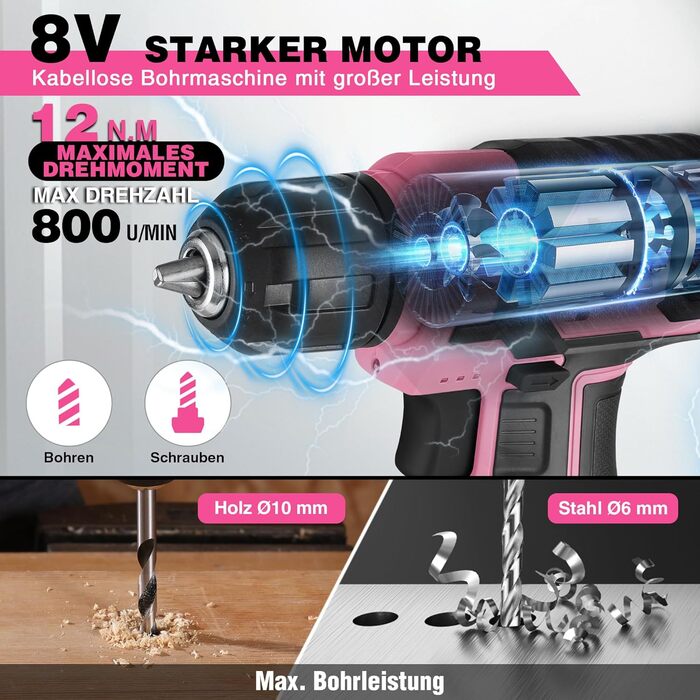 WORKPRO 8V акумуляторний дриль-шуруповерт, комплект з кейсом, 2000 mAh, 10 мм патрон, 12 Н·м, LED-ліхтик, 21 шт. аксесуарів, для ремонту та DIY, сірий & зелений (рожевий & чорний)