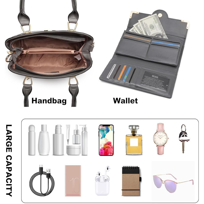 Сумка жіноча Miss Lulu середнього розміру через плече, сіра з личі-текстурою, з гаманцем та внутрішніми кишенями для роботи, відпочинку, повсякденного використання