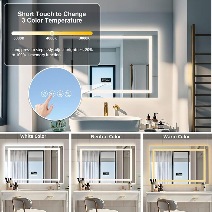 Дзеркало для ванної кімнати LUVODI з підсвічуванням Bluetooth: 100x70 см, годинник, температура, дата, антизапар, регулювання яскравості, 3 кольори світла, функція пам'яті, водонепроникне LED дзеркало для ванної кімнати