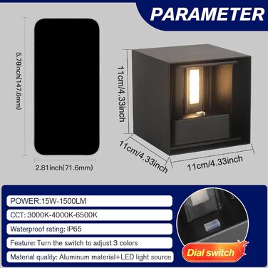 LED вуличне/внутрішнє настінне освітлення FUPE 15W, регульоване, 3 кольори, IP65, алюміній, чорний
