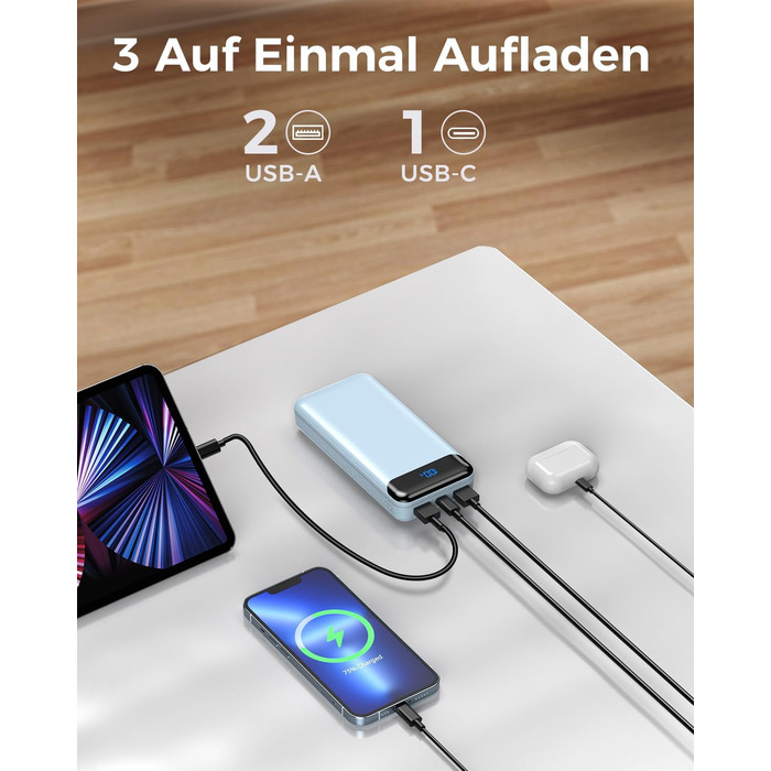 Power Bank Enerwow 27000mAh з PD 30W та Digital Display: Швидка зарядка для iPhone 15/14/13/12 Pro Max та інших пристроїв (Блакитний)