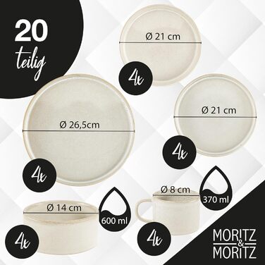 Moritz & Moritz Castello 20-Piece Dinnerware Set - Beige Stoneware Dinner Set for 4 - Includes Dinner Plates, Dessert Plates, Soup Plates, Bowls, and Cups