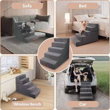 Sytopia dog stairs 40 cm high, 3 steps, dog stairs for bed, sofa for small dogs, pet stairs washable, foam stairs, for injured, older dogs (34cm height, Grey) (5 steps dog stairs (H:57CM), Flannel)