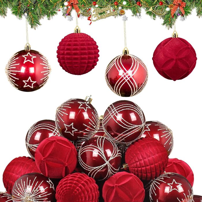 Гайонг Новорічні кулі для ялинки, 16 шт, Червоні новорічні кулі, Декорації для ялинки, для святкування Різдва з родиною та друзями. Червоний, 16 шт.