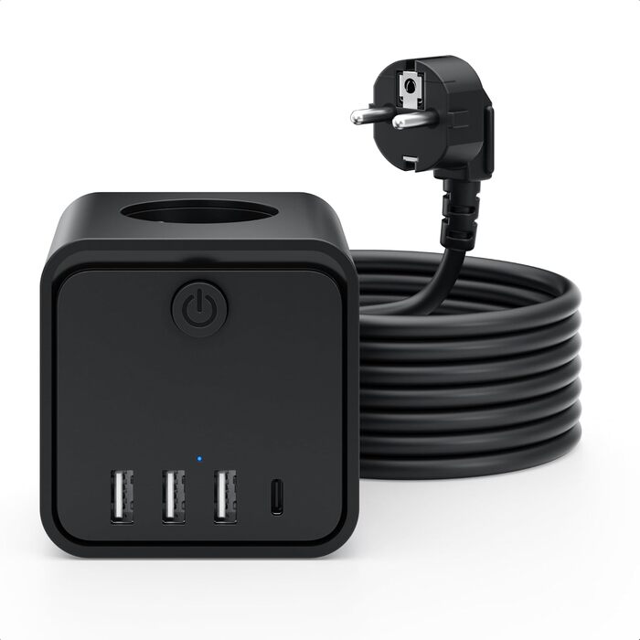 Мережевий фільтр подовжувач 7 в 1 з USB-портами, 3 розетки, з вимикачем, кабель 2 м, чорний — для дому та офісу