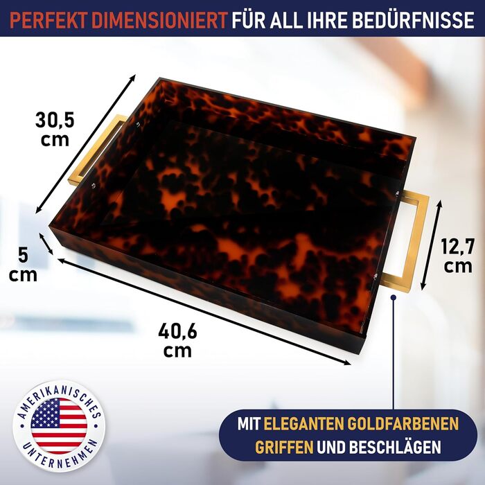 Acrylic Serving Tray with Golden Handles, 40.6 x 30.5 x 5.1 cm Decorative Tray for Table, Food, Drinks Serving Platter for Countertop, Kitchen, Bathroom, Party, Serving Tray (Tortoiseshell)