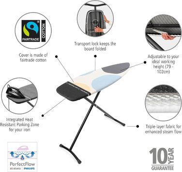 Прасувальна дошка Brabantia Bügelbrett D для парогенератора з термостійкою поверхнею, регульована висота, міцний каркас, Spring Bubbles, 135 x 45 см