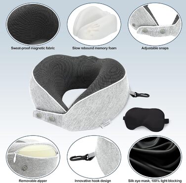 Подушка для шиї Comfy для подорожей: регульована подушка з memory foam, 3D-маска для сну, підтримка 360°, для літака, авто, поїзда (світло-сіра)