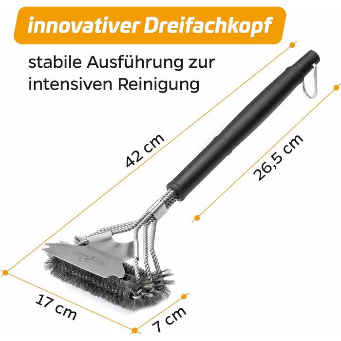 3X Grillfürst Premium Grill Brush with Brass Bristles, 45 cm - Grill Cleaning Brush for Grill Grates, Grill Grate Brush with Wide 3-Section Brush Head and Scraper (Stainless Steel with Scraper)