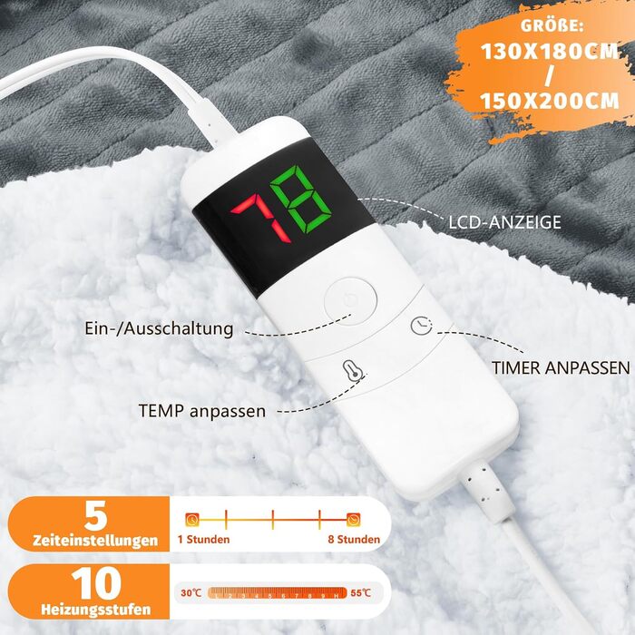 Електрична ковдра BOMOVA з автовимкненням, плюшева ковдра для дому, 10 температурних режимів, таймер, 130x180 см, сірий колір