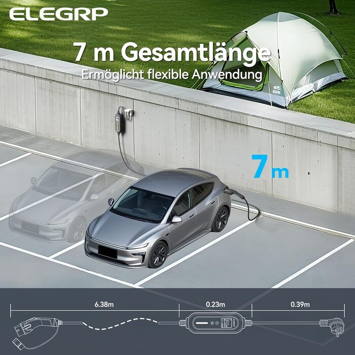 Кабель для зарядки електромобіля Type 2 Schuko 7м, 3.68кВт, 6-16A, IP66 – Мобільна зарядка з відтермінованим стартом, сумісний з EV/PHEV