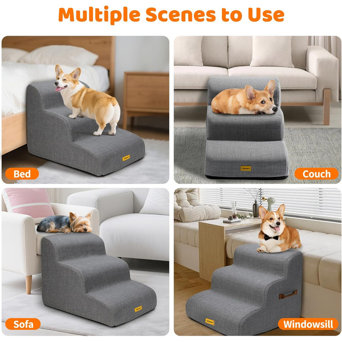 Сходинка для собак Gimars 30D з широкою сходинкою, 3 ступені, 40 см, знімний чохол та антиковзаюче покриття. Підходить для малих собак до дивану, ліжка, авто.