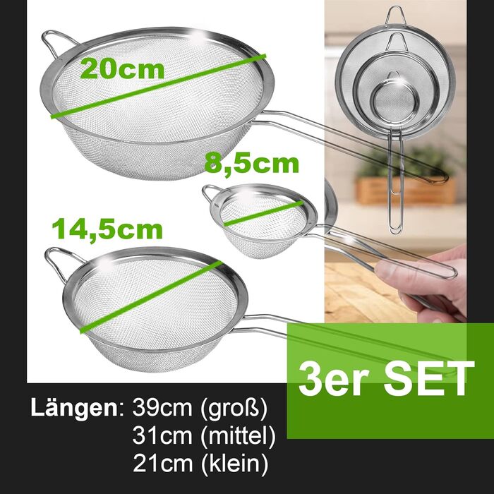 Набір металевих сит Smart-Planet (3 шт.) - для салату, борошна, цукрової пудри. Сита з нержавіючої сталі з ручкою