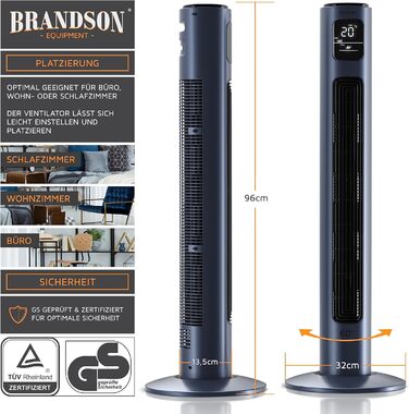 Вентилятор підлоговий Brandson з пультом керування, 96 см, 3 швидкості, осциляція 60°, темно-синій (Dark Navy Blue)